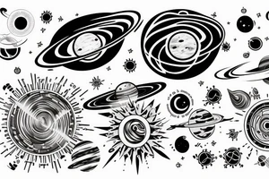 Arm sleeve Solar system with light rays and a black hole in the middle tattoo idea