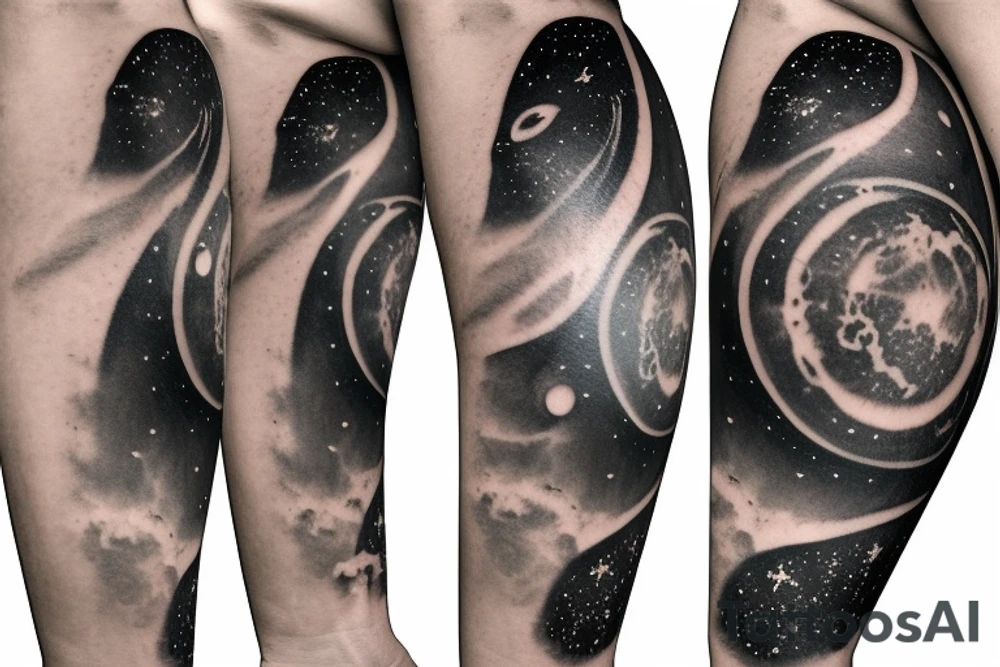 Arm sleeve realistic Solar system with light rays and a black hole in the middle tattoo idea