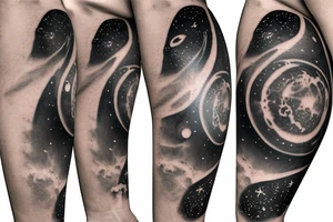 Arm sleeve realistic Solar system with light rays and a black hole in the middle tattoo idea