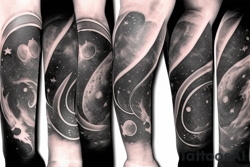 Arm sleeve realistic Solar system with light rays and a black hole in the middle tattoo idea