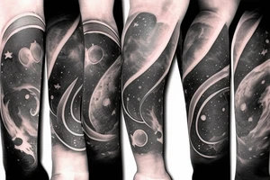 Arm sleeve realistic Solar system with light rays and a black hole in the middle tattoo idea