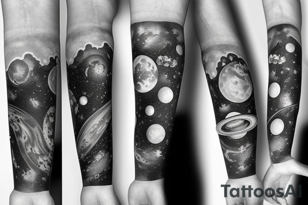 Arm sleeve realistic Solar system tattoo idea