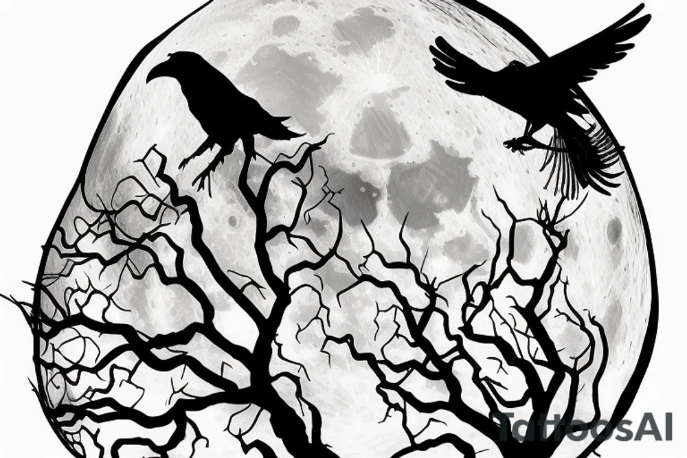 tree against the background of the moon with a raven tattoo idea