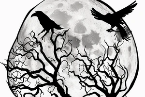 tree against the background of the moon with a raven tattoo idea