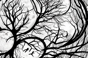 tree against the background of the moon with a raven tattoo idea