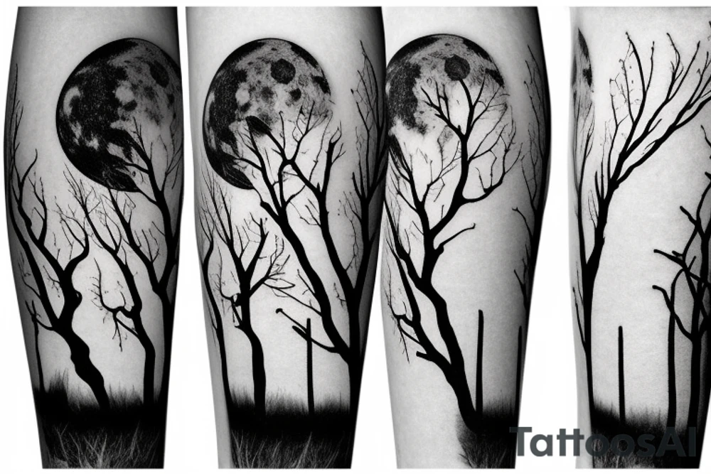 tree against the background of the moon with a raven tattoo idea