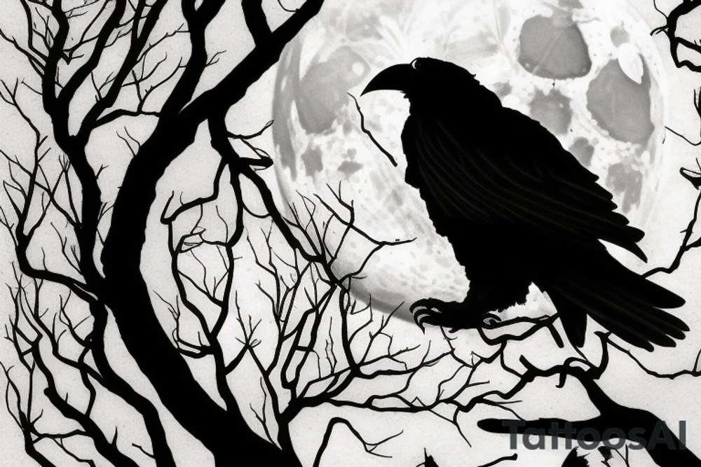 tree against the background of the moon with a raven tattoo idea