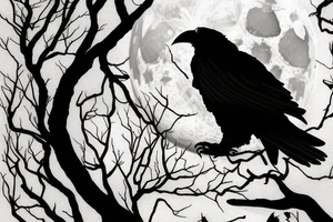 tree against the background of the moon with a raven tattoo idea