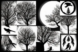 tree against the background of the moon with a raven tattoo idea