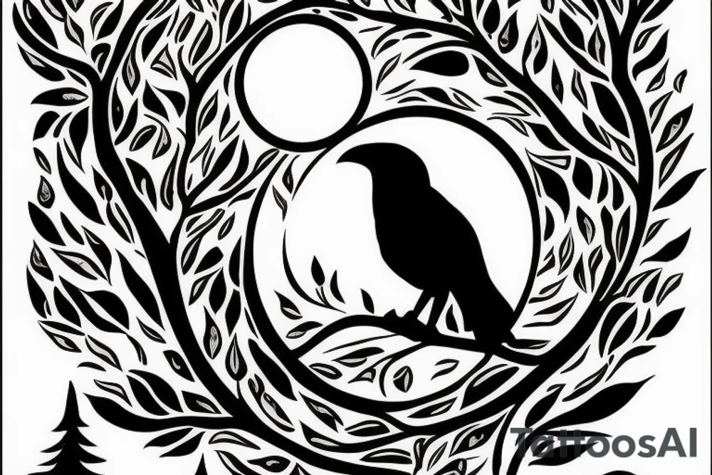 tree against the background of the moon with a raven tattoo idea