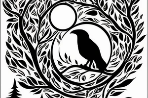 tree against the background of the moon with a raven tattoo idea