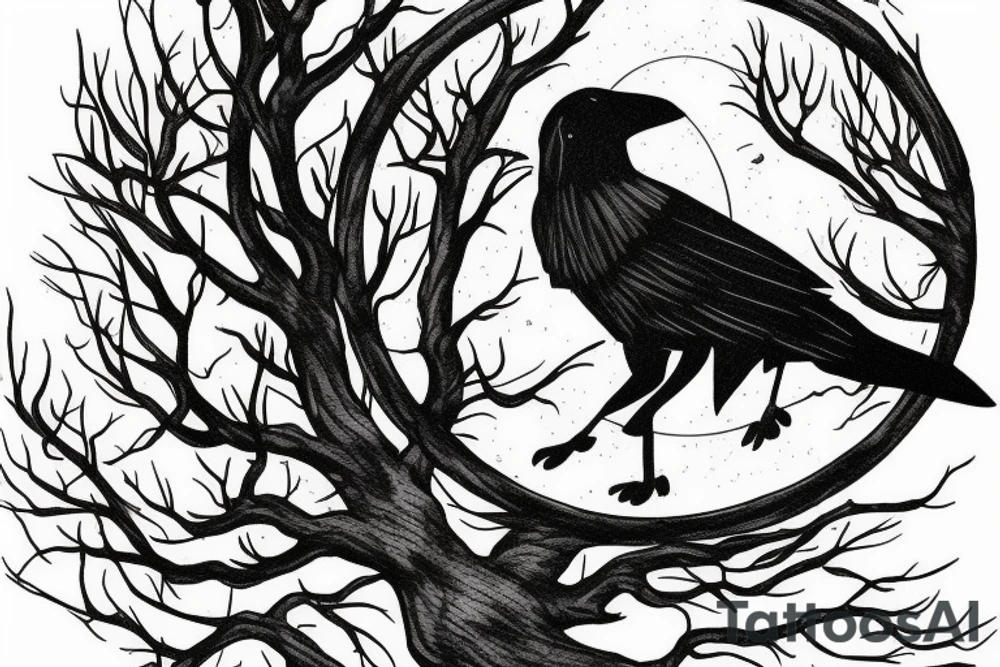 tree against the background of the moon with a raven tattoo idea