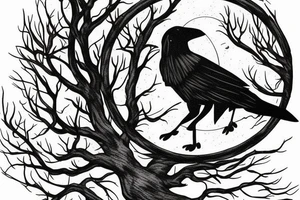 tree against the background of the moon with a raven tattoo idea