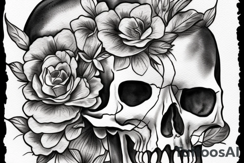 Skull with the top cracked open and flowers growing out of it tattoo idea