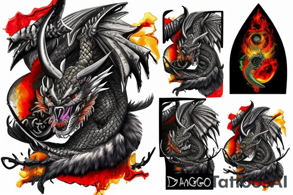 Kaido dragon with glowing eyes and sword, with vibrant colors on mountain top tattoo idea