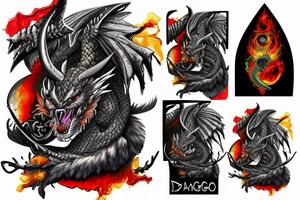 Kaido dragon with glowing eyes and sword, with vibrant colors on mountain top tattoo idea
