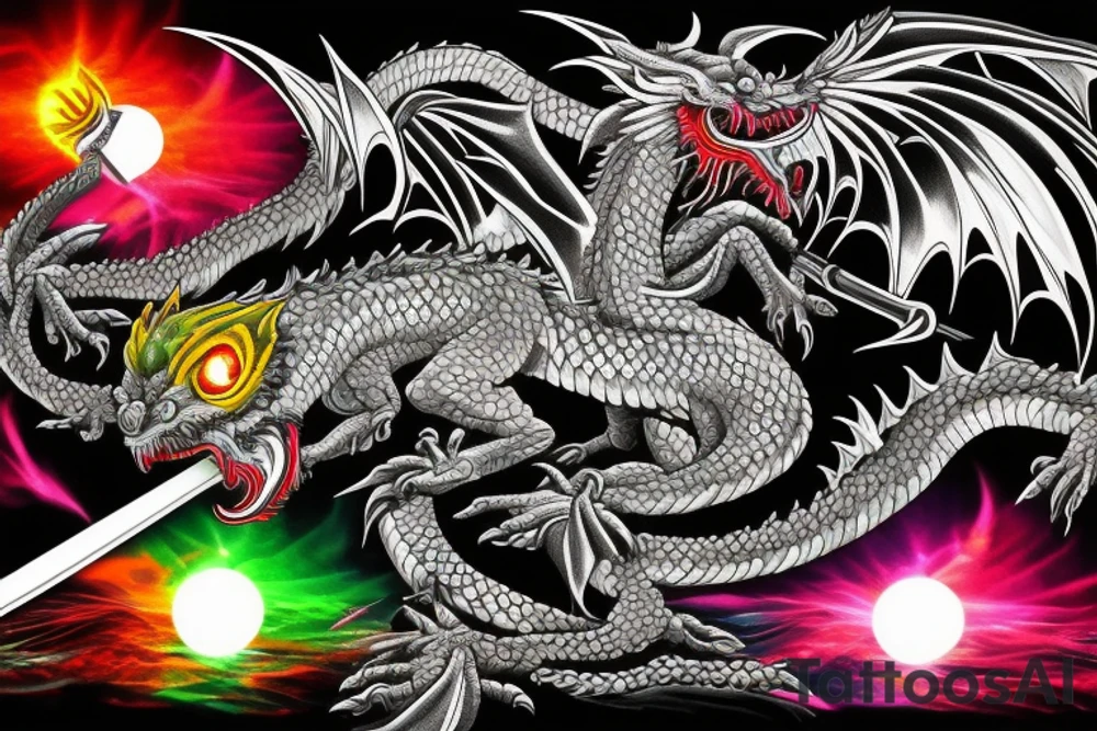 Kaido dragon with glowing eyes and sword, with vibrant colors on mountain top tattoo idea