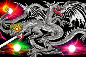 Kaido dragon with glowing eyes and sword, with vibrant colors on mountain top tattoo idea