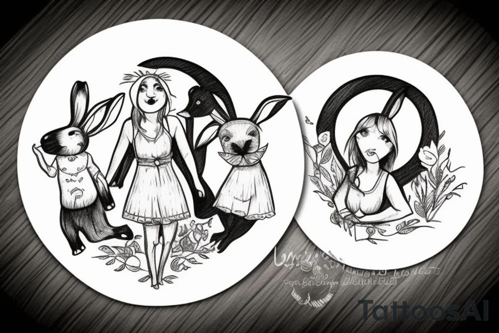 goat, bunny, ram, and a girl all dancing in a circle tattoo idea