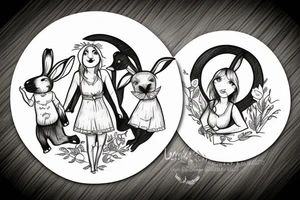 goat, bunny, ram, and a girl all dancing in a circle tattoo idea