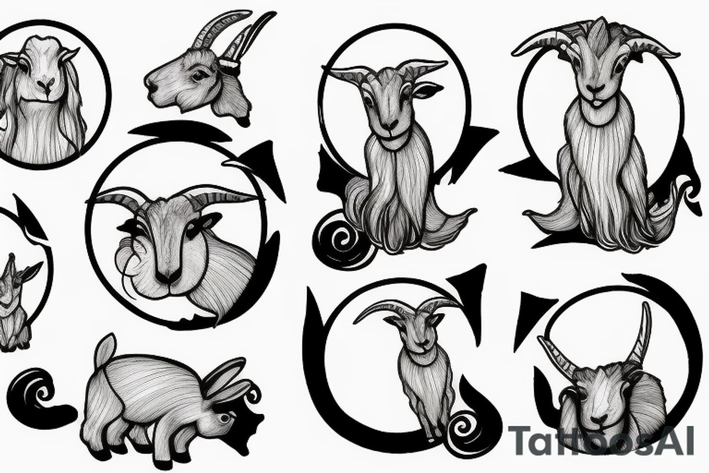 goat, bunny, ram, and a girl all dancing in a circle tattoo idea
