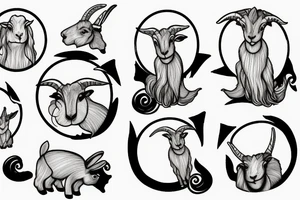 goat, bunny, ram, and a girl all dancing in a circle tattoo idea