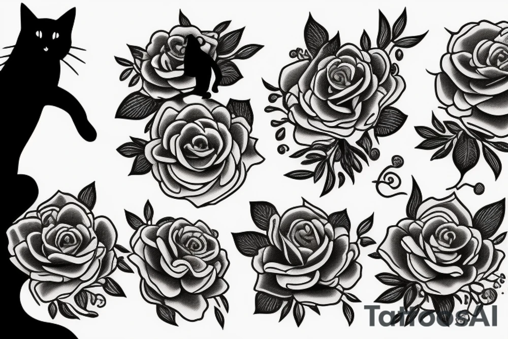 Black cat dancing in a field of roses tattoo idea