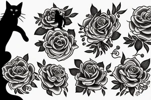 Black cat dancing in a field of roses tattoo idea