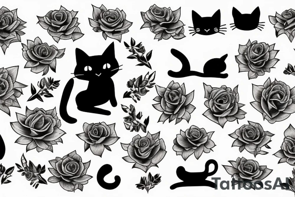 Black cat dancing in a field of roses tattoo idea
