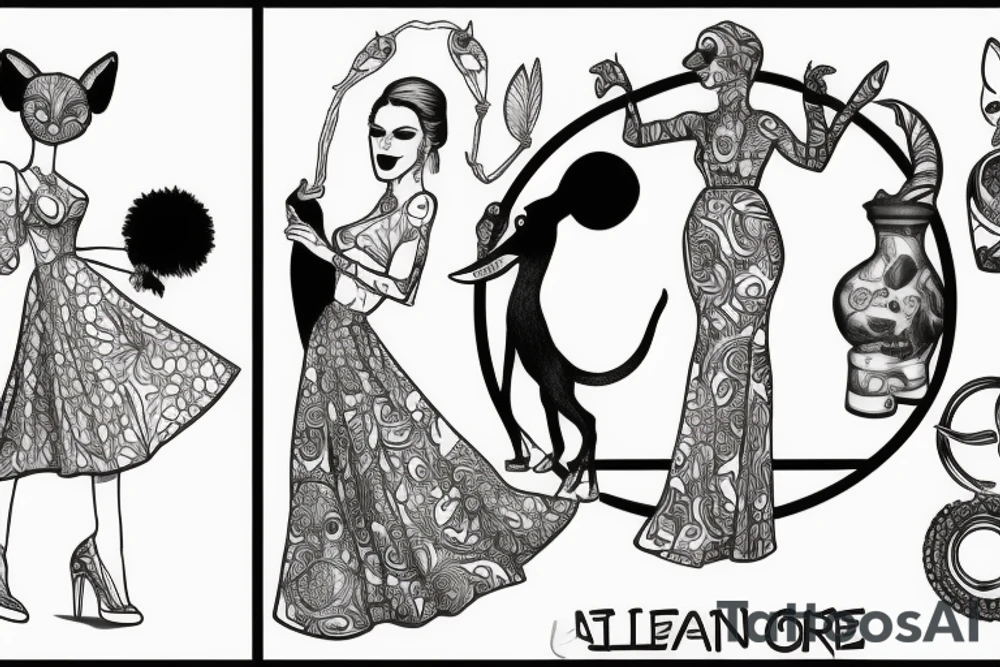 Animals and a woman in a dress dancing in circle tattoo idea
