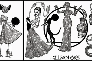 Animals and a woman in a dress dancing in circle tattoo idea