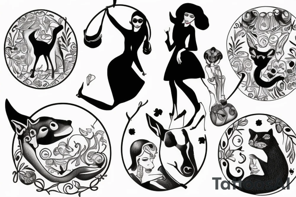 Animals and a woman in a dress dancing in circle tattoo idea