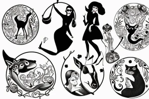 Animals and a woman in a dress dancing in circle tattoo idea