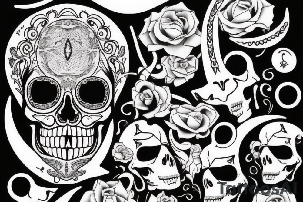 aesthetic skull and crescent moon line tattoo tattoo idea