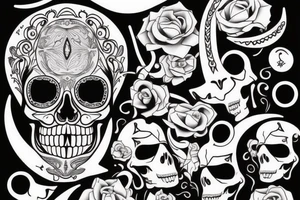 aesthetic skull and crescent moon line tattoo tattoo idea