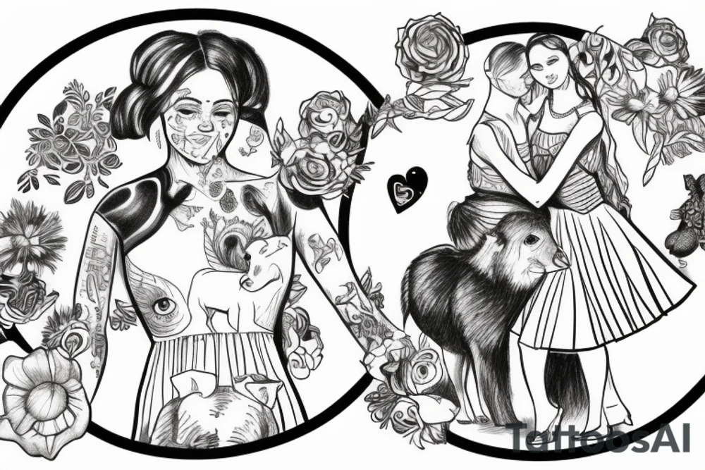 Animals and a woman in a dress holding hands dancing in a circle tattoo idea