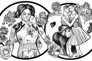 Animals and a woman in a dress holding hands dancing in a circle tattoo idea