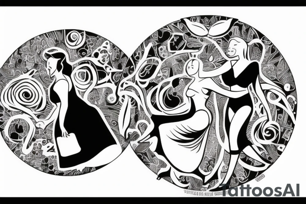 Animals and a woman in a dress holding hands dancing in a circle tattoo idea