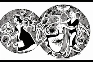 Animals and a woman in a dress holding hands dancing in a circle tattoo idea