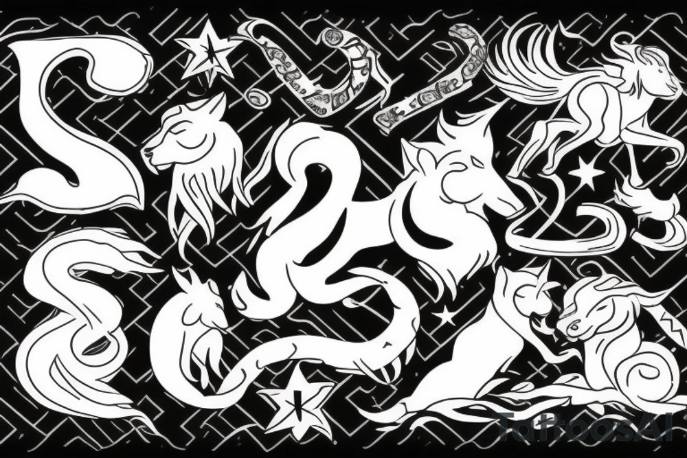 Star sign symbols Leo Leo cancer and Capricorn 
letters - CWASH and WYNT tattoo idea