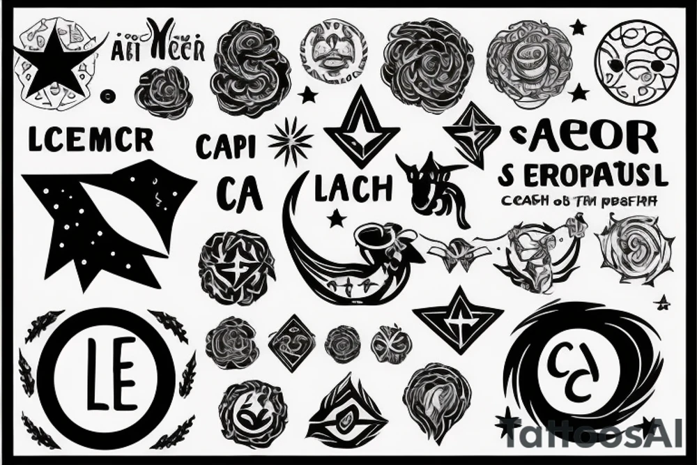 Star sign symbols - Leo Leo cancer and Capricorn 
Phrases - CWASH and WYNT tattoo idea