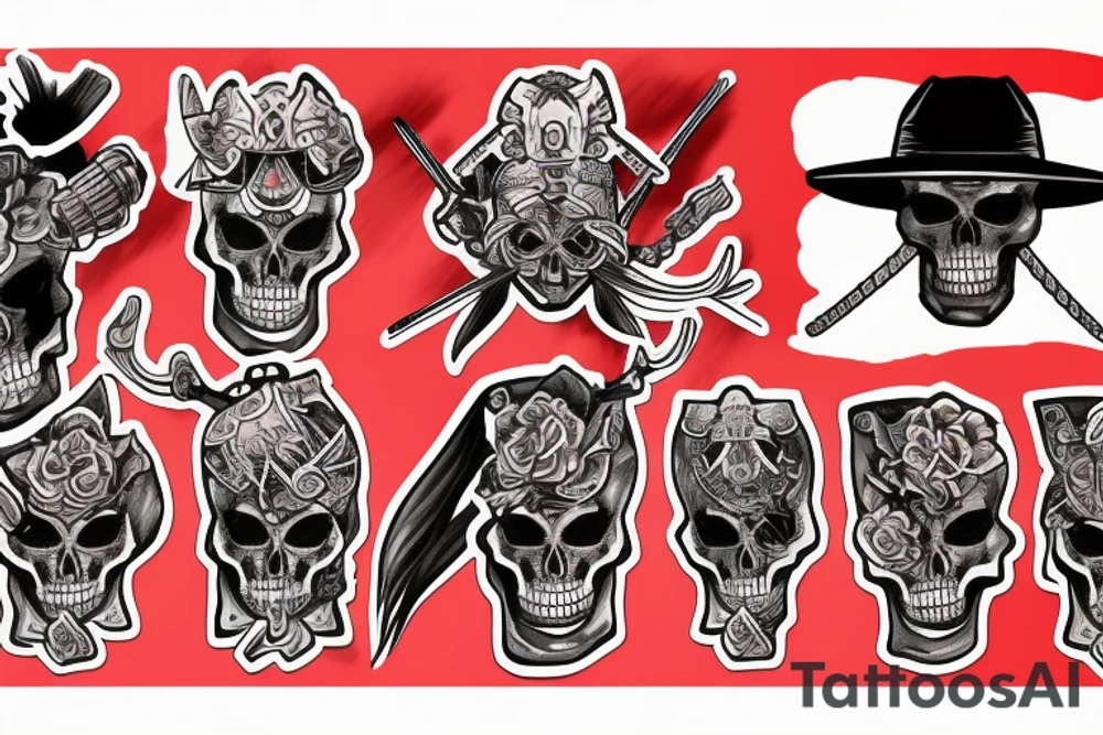 skeleton samurai in front of sunset tattoo idea