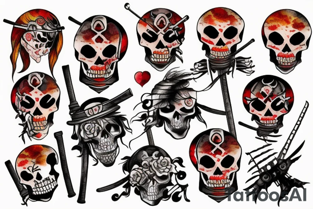 skeleton samurai in front of sunset tattoo idea