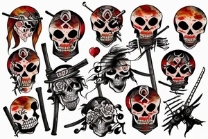 skeleton samurai in front of sunset tattoo idea