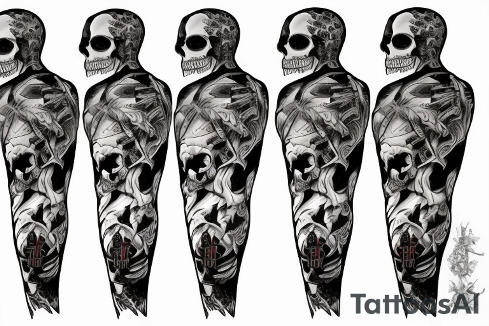 skeleton samurai in front of sunset tattoo idea