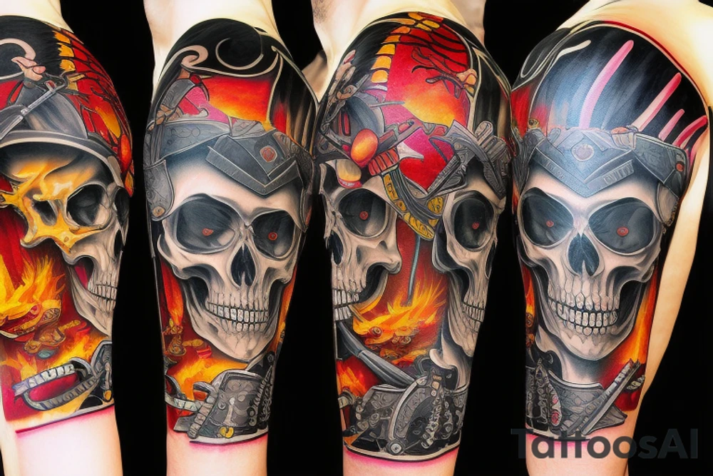 skeleton samurai in front of sunset tattoo idea