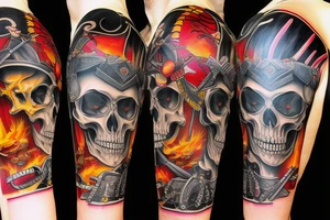 skeleton samurai in front of sunset tattoo idea