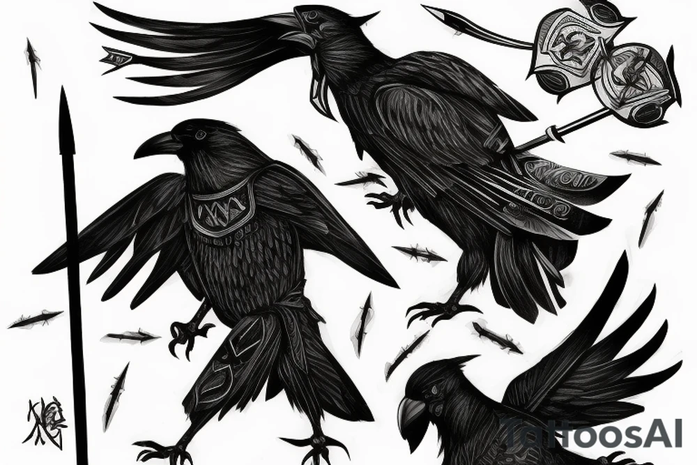 crow knight fighting with spear and shield tattoo idea