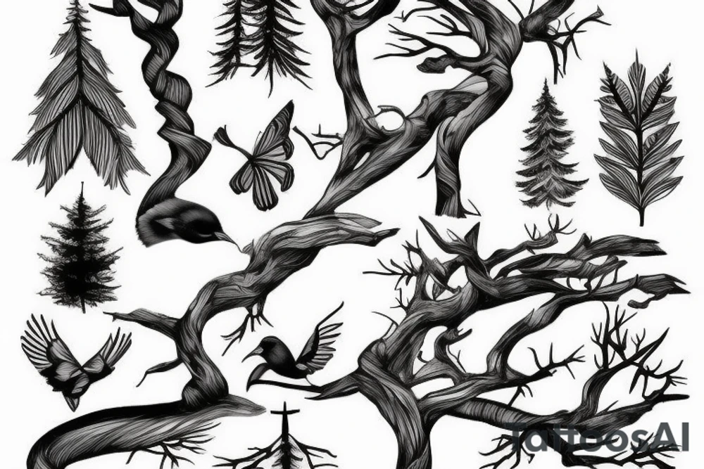 Forest, bird, tree top, tattoo idea
