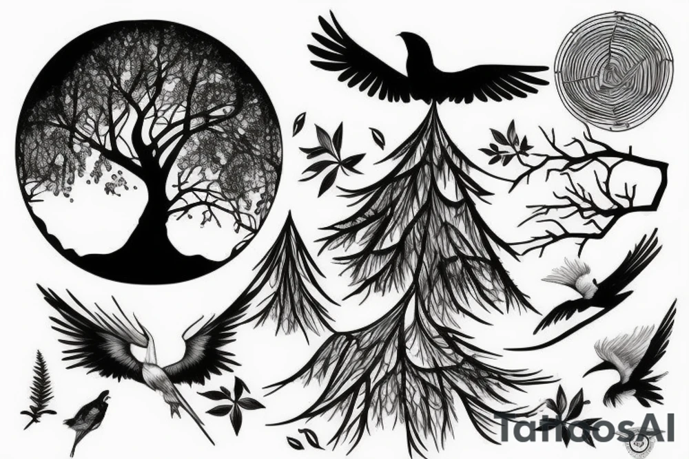 Forest, bird, tree top, tattoo idea
